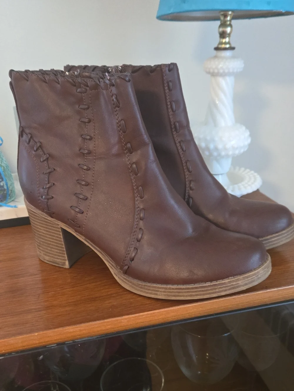 Maurices Brown Whipstitch Block Heel Ankle Boots Size 9 1/2